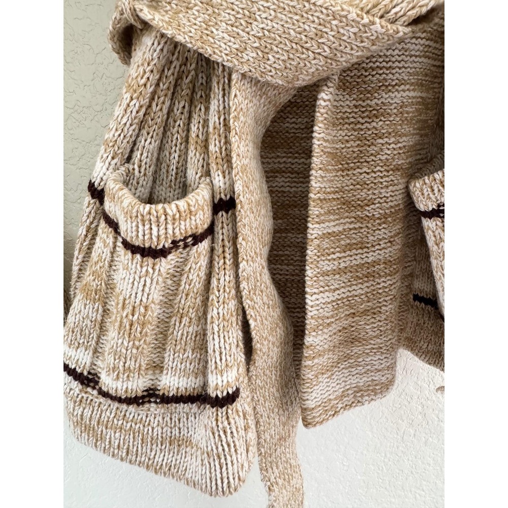 Corliss Vintage Women Knit Cardigan Shawl Collar Belted Pockets Beige Brown - Picture 5 of 9